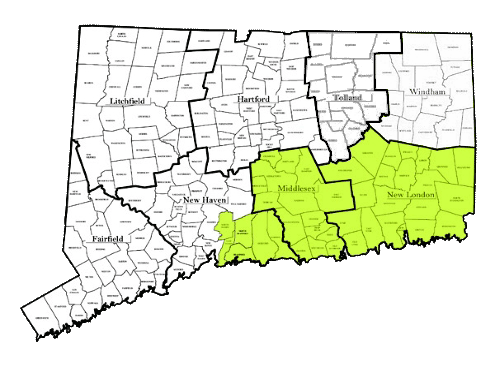 Map of Connecticut showing areas of service
